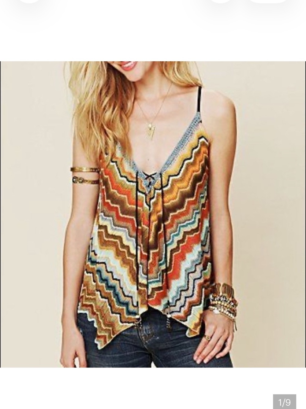 Free People Zig Zag bohemian top cami Wavy Stripe V-Neck Size Small